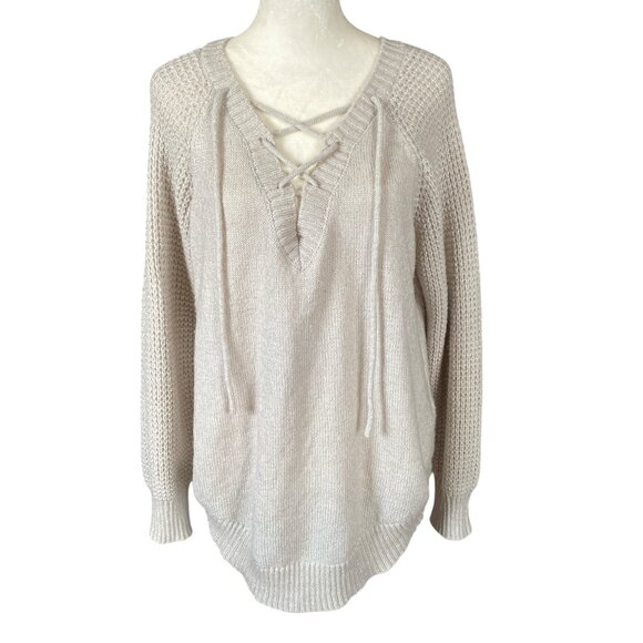 Rue+ beige long sleeve stretchy soft lace-up sweater women's size 1X - Picture 1 of 9